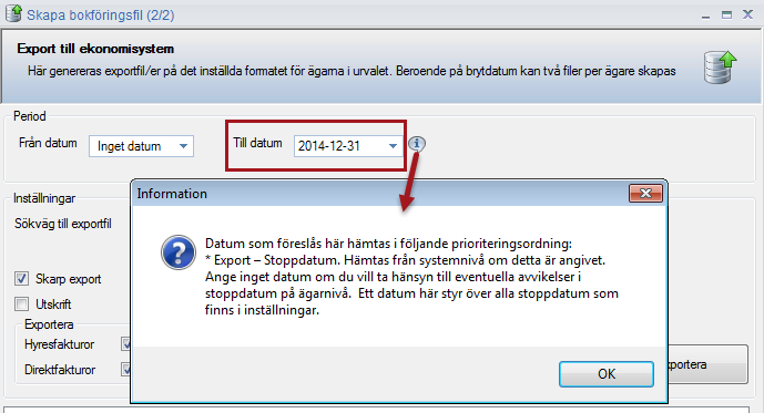 Brytdatum = Om det finns transaktioner på båda sidor om detta datum skapar Vitec Hyra två filer. En med transaktioner till och med brytdatumet och en med transaktioner med datum efter brytdatumet.