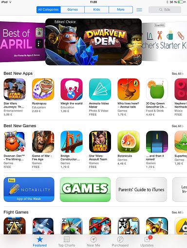 Att söka en app i App Store Tryck på App Store ikonen. Tryck på Featured nere i vänstra hörnet på skärmen. En sökruta syns då i övre högra hörnet på skärmen.