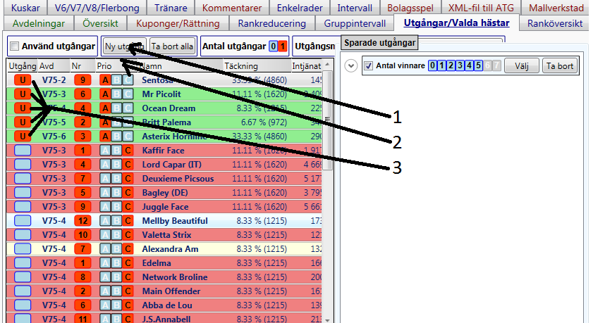 betalt. Detta gör man förslagsvis under Utgångar/Valda hästar fliken. Här ser du alla dina valda hästar. Vi har underlättat för oss genom att markerat vissa med A och C. OBS!