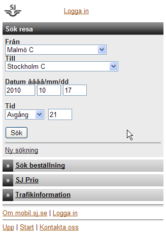 I vårt exempel är vi inte inloggade och söker en resa från Malmö Centralstation till Stockholms Centralstation med avresa Fredagen 12:e Nov ca kl 8 och hemresa från Stockholm Söndagen den 14:e Nov så