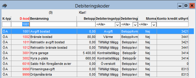 Debiteringskoder Hyres- & avgiftsadministration Registervård Debiteringskoder Register där man lägger in koder som talar om vilken typ av hyra som avses och vilket konto debiteringen skall styras