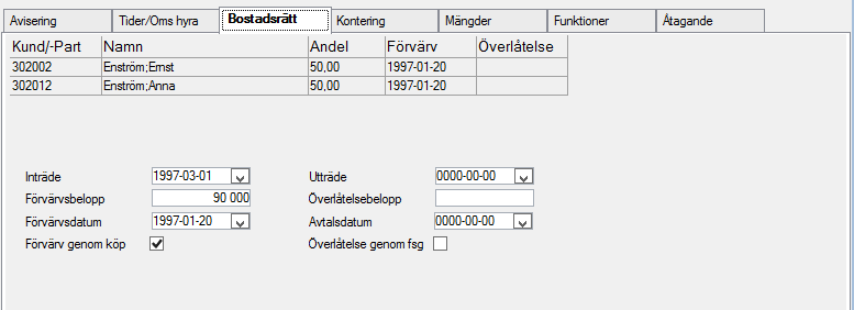 Fliken tider/oms hyra Här registreras information om hyreslokaler föreningen exempelvis äger avseende vilka uppsägningstider som gäller för båda parterna.