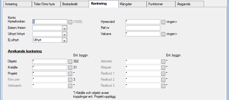 Fliken kontering Avvikande kontering kan anges.