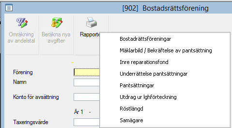 När man väljer mäklarbild eller utskrift av inre reparationsfond är värden förifyllda från kontraktet och rapporten startar automatiskt. Kontrolluppgift.