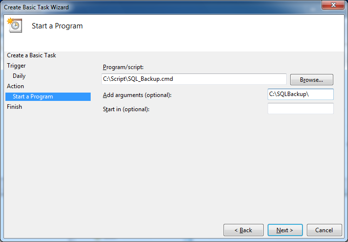 13 10. Verifiera att Start a program är valt och klicka på Next 11. Ange att det är SQL_Backup.