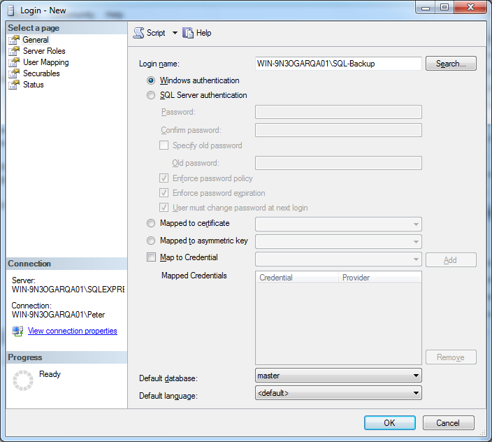 22 5. I Microsoft SQL Server Management Studio, skapa ett nytt konto. 6. Ange kontot som du skapade för backup 7.