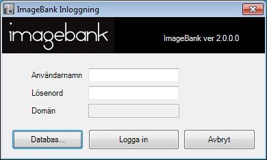 6. När avslutningsdialogen visas låt Run ImageBank now vara markerad och klicka [Finish]. Då startas programmet automatiskt. 7. När ImageBank startas så visas först inloggningsdialogen.