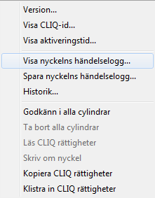 Använda ASSA Performer 8.5. Händelseloggar Detta kapitel förklarar hur man jobbar med händelseloggar för nycklar samt cylindrar. 8.5.. Från Nycklar Händelseloggen på nyckeln innehåller information om var och när nyckeln används samt när olika behörigheter har givits samt av vilka setupnycklar.