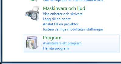 Service och underhåll 2. Avinstallation av ASSA Performer Nedan beskrivs hur ASSA Performer tas bort från datorn : Öppna Startmeny» Kontrollpanelen bild () 2.