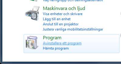 Service och underhåll 2. Avinstallation av ASSA Performer Nedan beskrivs hur ASSA Performer tas bort från datorn : Öppna Startmeny» Kontrollpanelen bild () 2.