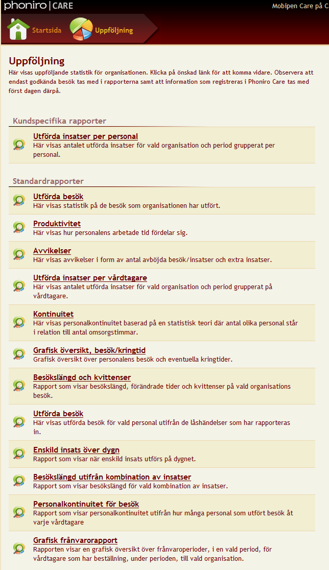 5.10 Rapporter Den information som lagras om vårdtagaren i Phoniro Care är möjlig att använda för uppföljning av många olika slag.