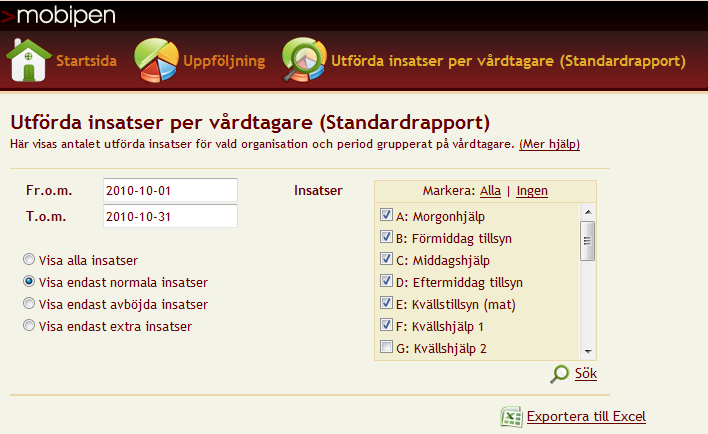 5.11.4 Utförda insatser per vårdtagare Rapporten visar antalet utförda insatser för vald organisation och period grupperat på vårdtagare.