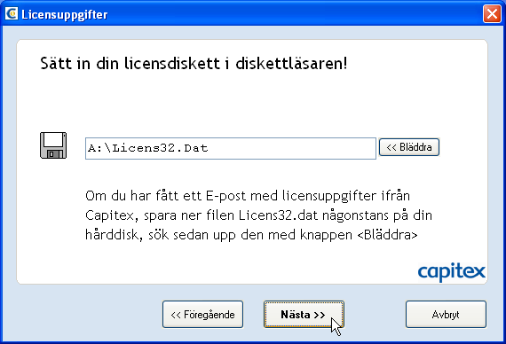 media för flytt till den datorn där Säljstöd skall installeras. Filen heter licens32.dat och ligger i mappen..\capitex\win32\data\.