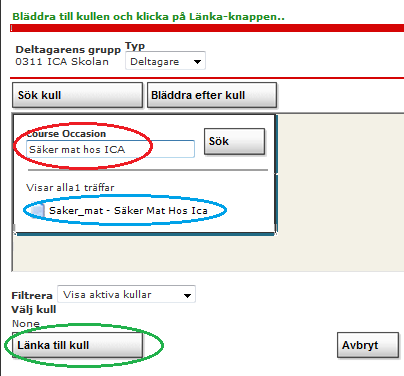 4. Du kan nu antingen klicka på Sök kull och där skriva in vad utbildningen heter eller så kan du genom att öppna en mapp via plustecknet leta dig fram till utbildningen som du