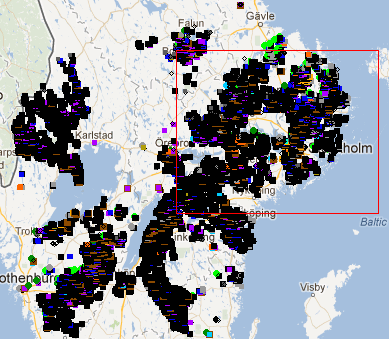 Fig 13. Exempel på hur sökningen efter humle kan visas som en spridningsbild i Google Maps. För att komma hit, klicka på länken visa söksvar på karta som visas efter genomförd fritextsökning.
