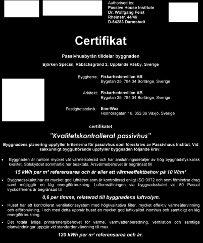 I slutet av juni 2012 kom kvittot certifikatet som visar att Villa Björken klarar kraven att certifieras enligt den internationella passivhusdefinitionen!