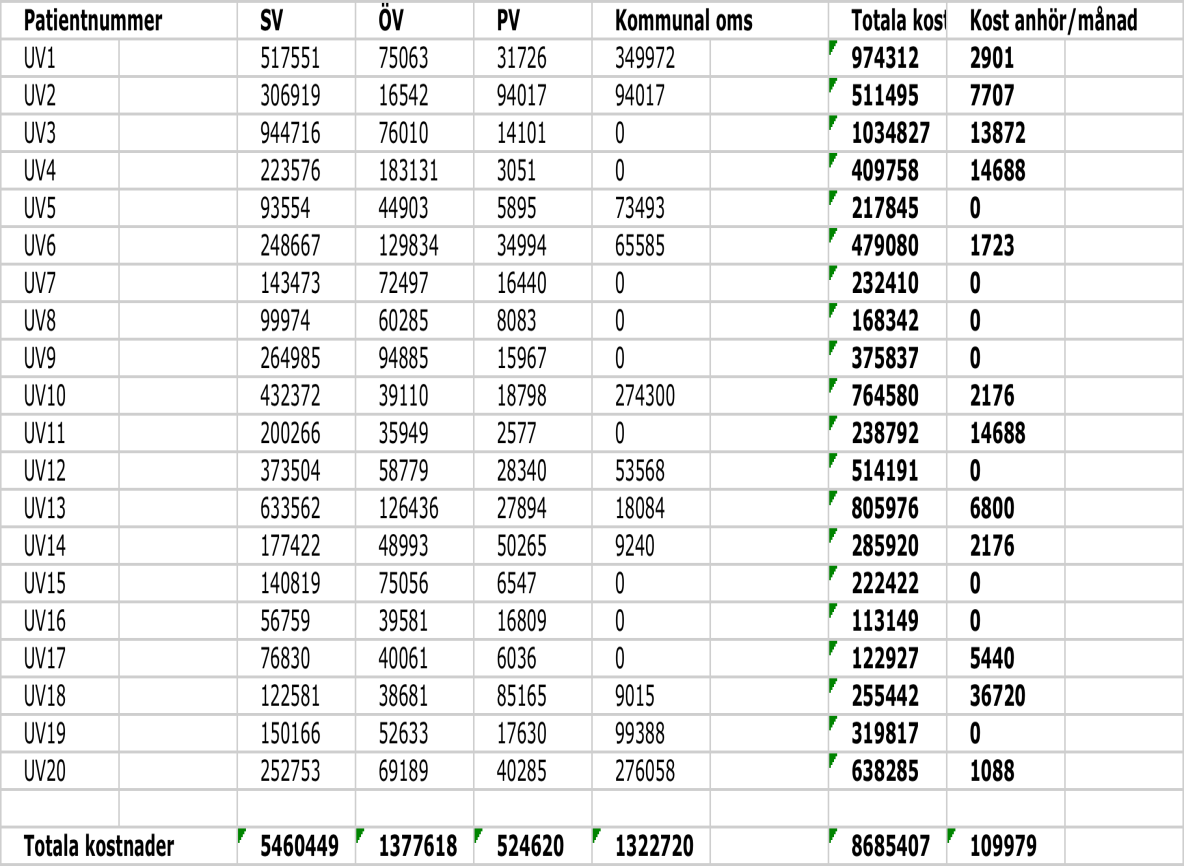 23 Kostnader för vård och omsorg Sammanfattande kommentarer Kostnader 8 för de 20 individerna varierar under 18 månaders perioden mellan 122 927 kr till 1 034 827 kr.