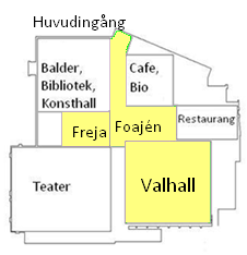 Våningsplan 1 (källarplan) På undre källarplanet finns husets stora danslokal, Valhall, som i dagsläget tar in maximalt 1200 stående gäster och cirka 550 sittande gäster.