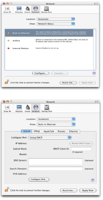 Mac OS X 10.4 Steg 1 Starta System inställningar från Apple menyn. Steg 2 Klicka på nätverks ikonen, Fönstret för nätverksinställningar öppnas och visar aktuell status för aktiva portar. OBS!