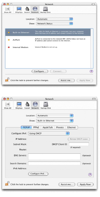 Mac OS X 10.3 Steg 1 Starta System inställningar från Apple menyn. Steg 2 Klicka på nätverks ikonen, Fönstret för nätverksinställningar öppnas och visar aktuell status för aktiva portar. OBS!