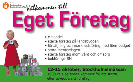 Skriv ut Din kostnadsfria biljett på mässans hemsida nedan eller hämta den hos oss på Stockholms NyföretagarCentrum. Alla seminarier är kostnadsfria. För mer information: www.egetforetag.