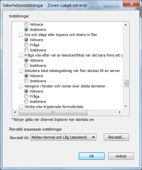 Klicka Anpassad nivå Verifiera att Fråga inte efter val av klientcertifikat när det inte finns