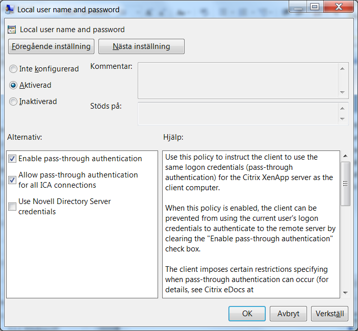 authentication for all ICA connections och klickar OK : Stäng