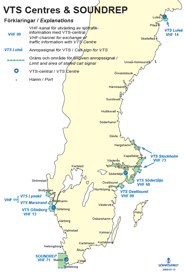 7 st VTS områden fördelat på 2 VTS centraler, VTS West Coast, placerad i Göteborg samt VTS East Coast