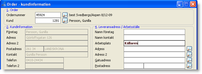 Nytt fält, arbetsplats, i orderns leveransadress Kan även användas vid import/export till/från tex Handyman. Information om arbetsplatsen kan du även se i rutinen Sök i fakturaregistret.