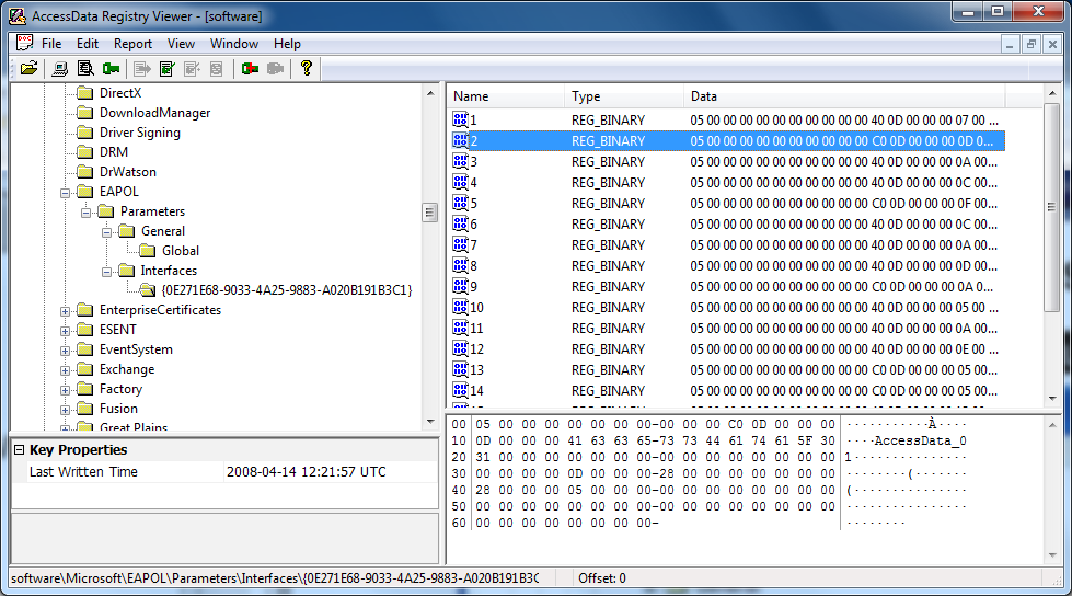 WiFi connections Windows XP All Wireless Adapters are given an unique GUID under HKLM\software\Microsoft\EAPOL\Parameters\Interfaces WiFi adapter description and the IP