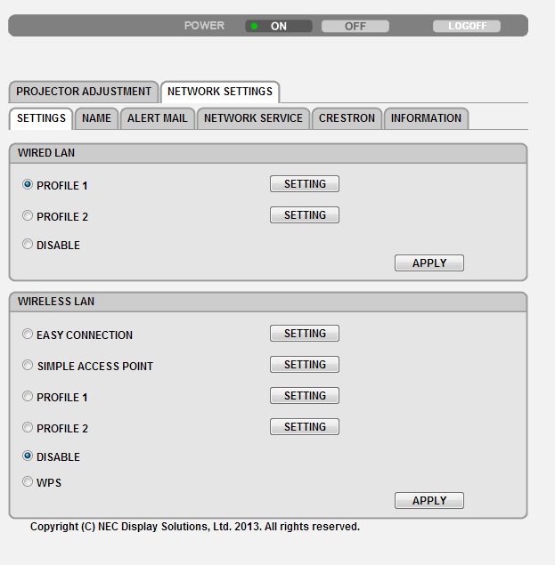 3. Behändiga funktioner NÄTVERKSINSTÄLLNINGAR SETTINGS WIRED eller WIRELESS SETTING APPLY DHCP ON DHCP OFF IP ADDRESS SUBNET MASK GATEWAY WINS AUTO DNS ON AUTO DNS OFF Ställ in för trådbundet eller