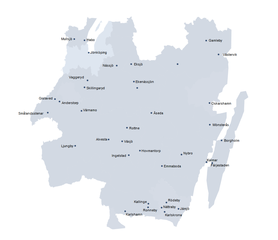 . Större resströmmar mellan orter i regionen De större resströmmarna (> resor per dygn) mellan orter i regionen är huvudsakligen in och utpendling till regionens fyra större städer (Jönköping,