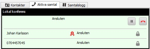 3.11.2. Koppla deltagare Telefonkonferenspanelen visar alla anslutna deltagare. Klicka på en utvald deltagare för att koppla eller väntkoppla denna. 3.11.3. Avsluta gruppsamtal Gruppsamtalet avslutas av konferensarrangören eller när alla deltagarna har tagits bort från samtalet.