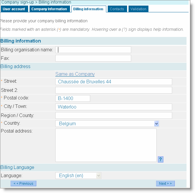 22 Reach-IT Handbok för industrianvändare Version: 2.1 Sidan <Billing information> öppnas (Figur 15) där du kan skriva in faktureringsuppgifter. Fyll i de obligatoriska fälten (*).