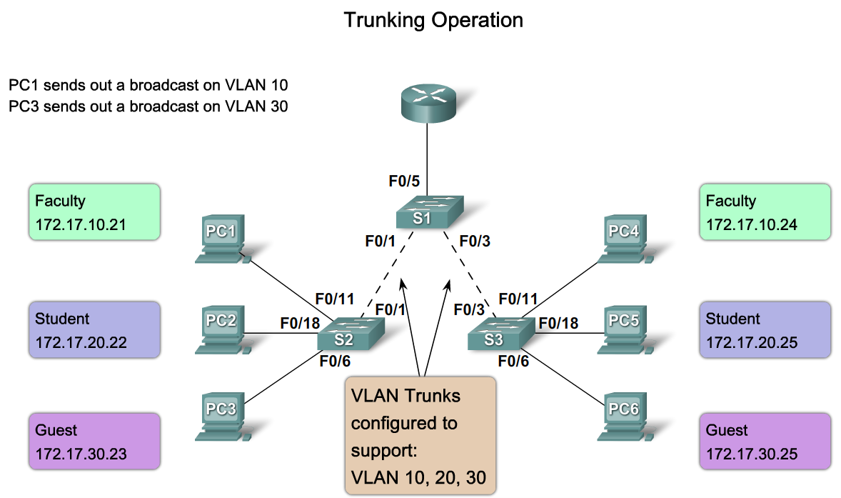 Trunk VLAN Trunk Dela en gemensam länk för flera VLAN Varje ram måste innehålla information om VLAN tillhörighet.