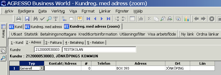 Skärmbilden Kund består av fem flikar: Kund, Adress, Faktura, Betalning och Relation.