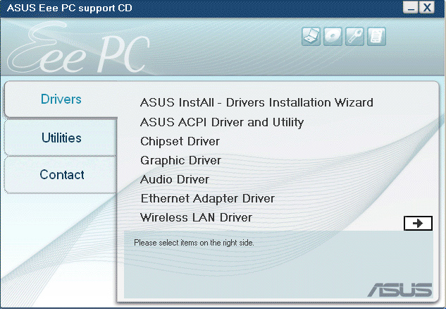 14. Installera de tidigare borttagna drivrutinerna och program med Eee PC support-dvd.