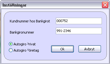 skapande av samtliga filer. Kundnummer hos Bankgirot: Ange det kundnummer hos Bankgirocentralen på vilket Autogiroavtalet är tecknat.
