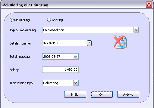 Typ av makulering eller ändring: Vid makulering finns möjlighet att välja Ett medgivande. I övrigt finns alternativ för vilka transaktioner som skall makuleras/ändras.