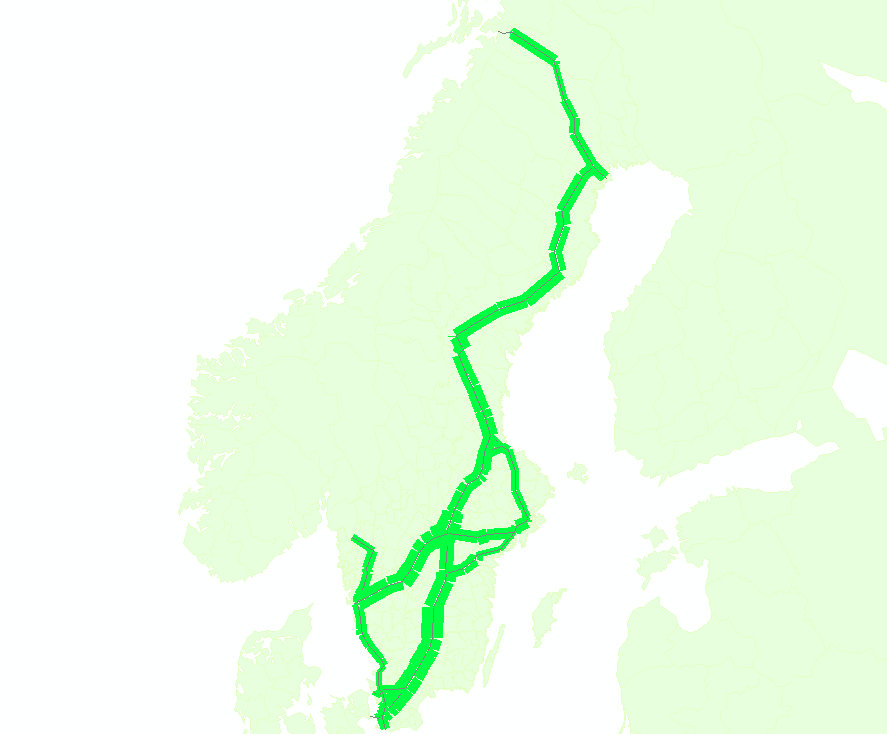 Järnväg På motsvarande sätt som för lastbilsflöden har vi tagit fram en karta för godstågflöden utgående ifrån Trafikverkets TFÖR-databas för 2008.