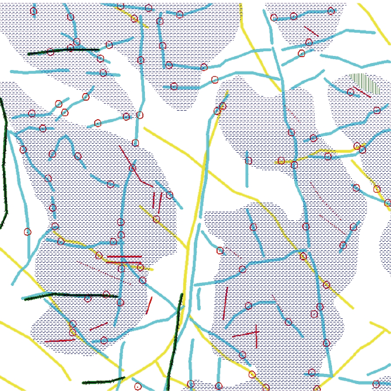 Figur 3-15. Jämförelse mellan tolkade och fältkontrollerade lineament på kontrollyta 2.