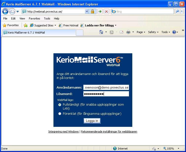 Webmail, Webmail mini och Webmail på mobil enhet Det är mycket enkelt att koppla upp sig mot webmailen. Starta en webbläsare och surfa till http://webmail.provectus.se.