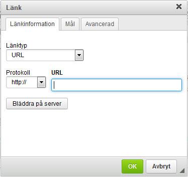 Infoga länk Det går att infoga interna och externa länkar på en webbsida. 1) Skriv in namnet på länken. 2) Klicka på ikonen för länk. 3) Skriv in adressen och klicka OK.