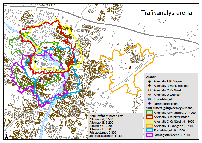 Figur 9. GIS-analys av antal bosatta inom max 1 km cykelväg till respektive lokaliseringsalternativ.