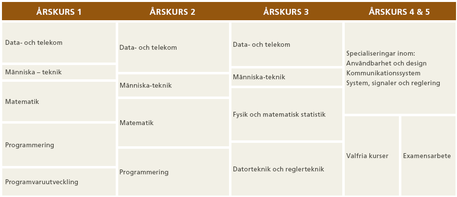 De första tre åren av utbildningen får studenten kunskap och förståelse för hela kommunikationskedjan i moderna data- och telekommunikationssystem, från hur informationen bearbetas och överförs, till