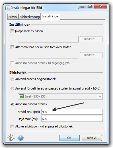 Under Bildstorlek, kryssa i Anpassa bildens storlek automatiskt. Här anger man både max bredd och max höjd.