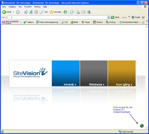 1 Komma igång med SiteVision 1.1 Starta SiteVision I SiteVision arbetar användaren direkt i webbsidan och ser hela tiden hur resultatet blir vid publicering.