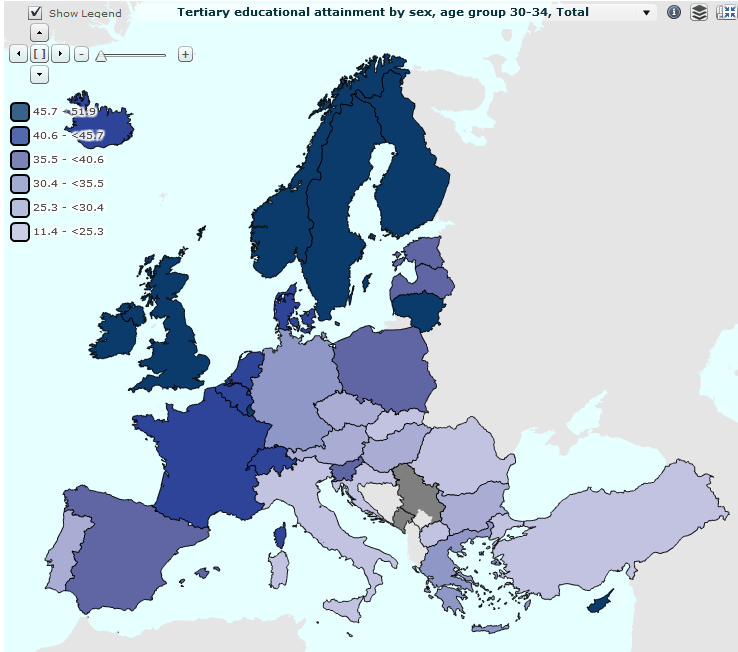 Höjd utbildningsnivå Målet på EU-nivå är att till år 2020 förbättra utbildningsnivån särskilt genom att öka den andel 30 34-åringar som har avslutat en minst 2-årig eftergymnasial eller motsvarande