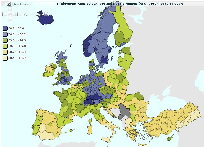 Ökad sysselsättningsgrad Målet på EU-nivå är att till år 2020 eftersträva en höjning av sysselsättningsgraden till 75 procent för kvinnor och män i åldrarna 20 64 år.
