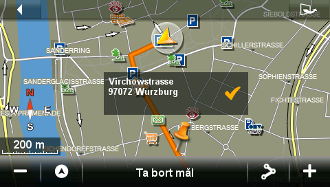 Spara position: Öppnar RESMÅLETS NAMN. Här kan du spara din aktuella position med ett namn i listan FAVORITER. GPS-status: GPS-STATUS öppnas. Här kan du se uppgifter om GPSmottagningen.